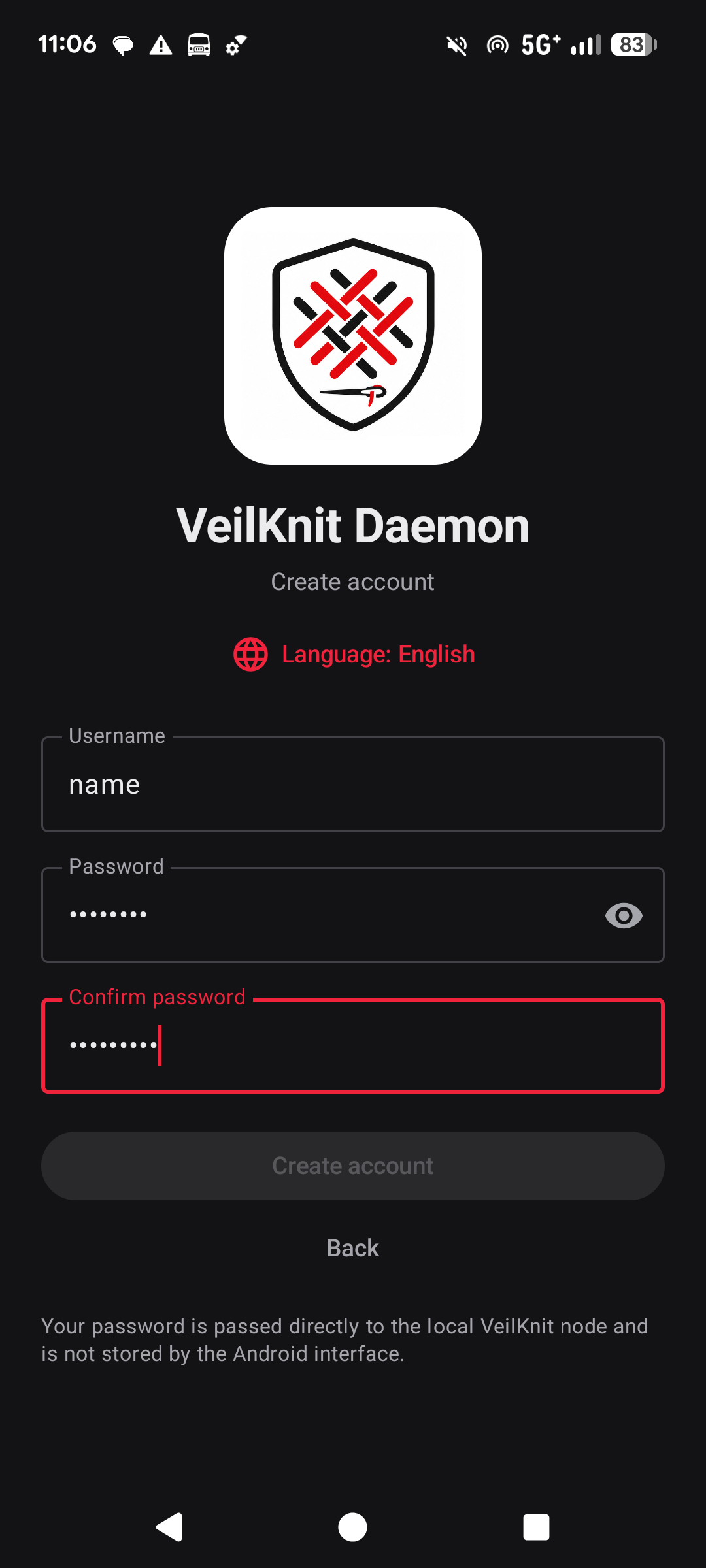 VeilKnit Daemon signup screen