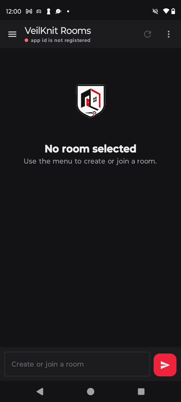 VeilKnit Rooms home screen with no room selected