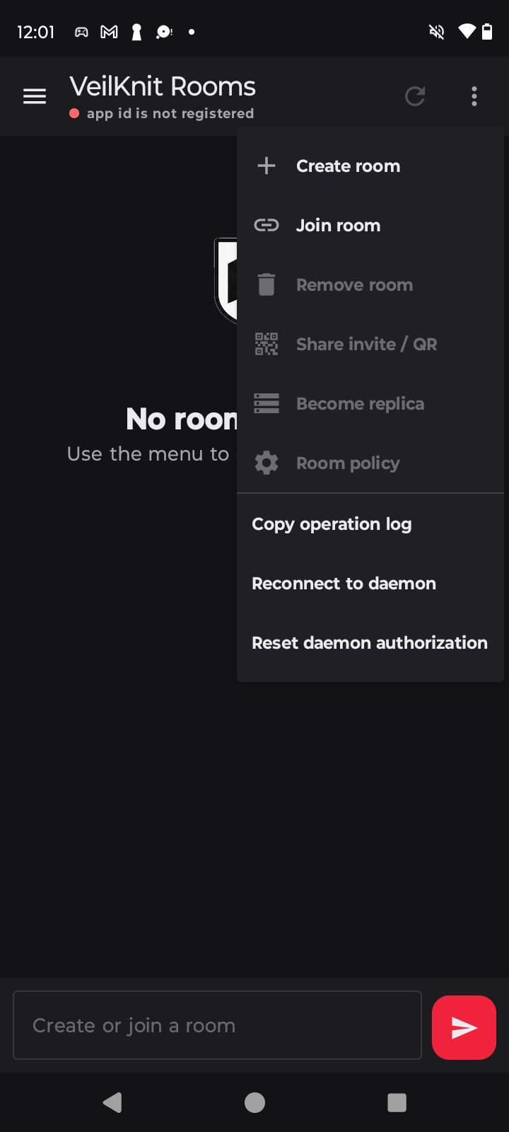 VeilKnit Rooms menu with room and Daemon controls